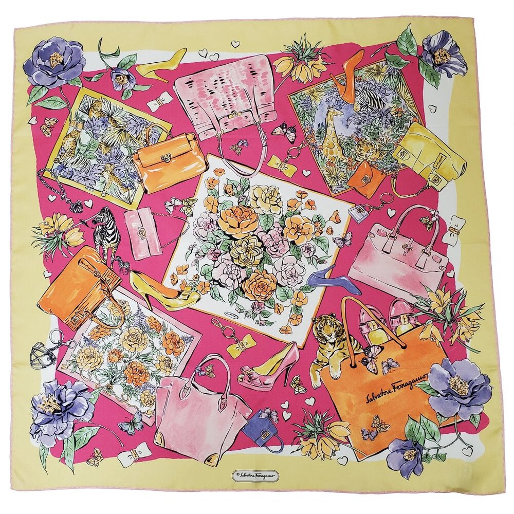 SALVATORE FERRAGAMO SCARF BAG AND SHOE SIGNATURE PRINT SILK 26.5"